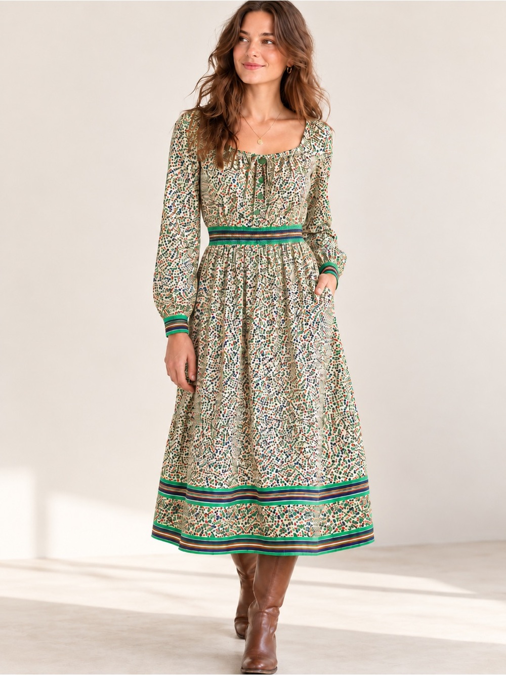 Vintage Frankie Welch Floral Prairie Dress Folk Boho Midi Alexandria Virginia